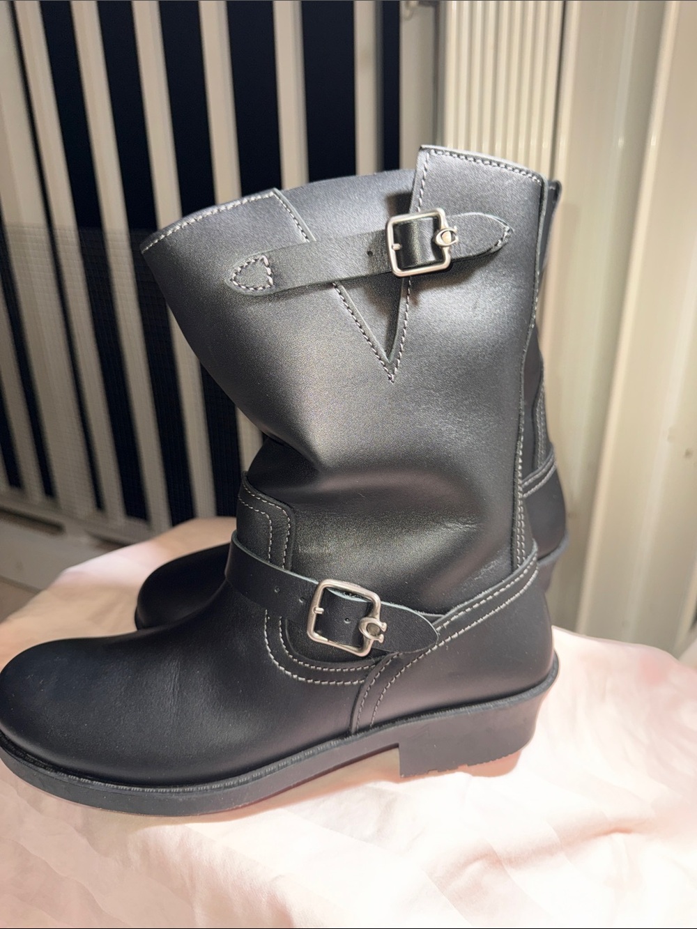 NWOT - Coach Women’s Dawn Black Leather Moto Pull On Biker Boots. - Picture 2 of 4